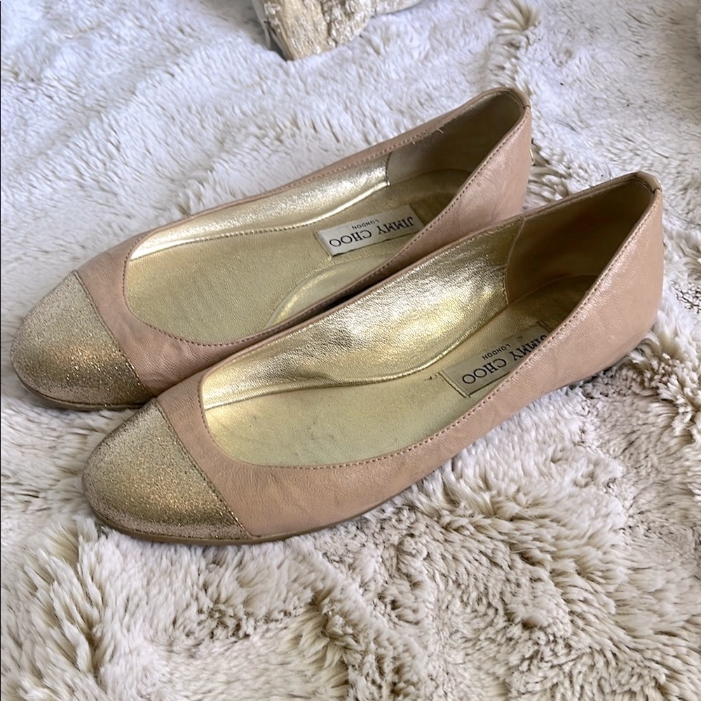 Jimmy Choo Beige and Gold Flats